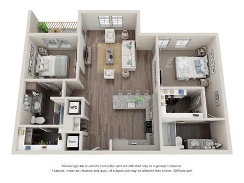 Floor plan for 2 beds, 2 baths, 1074 sqft